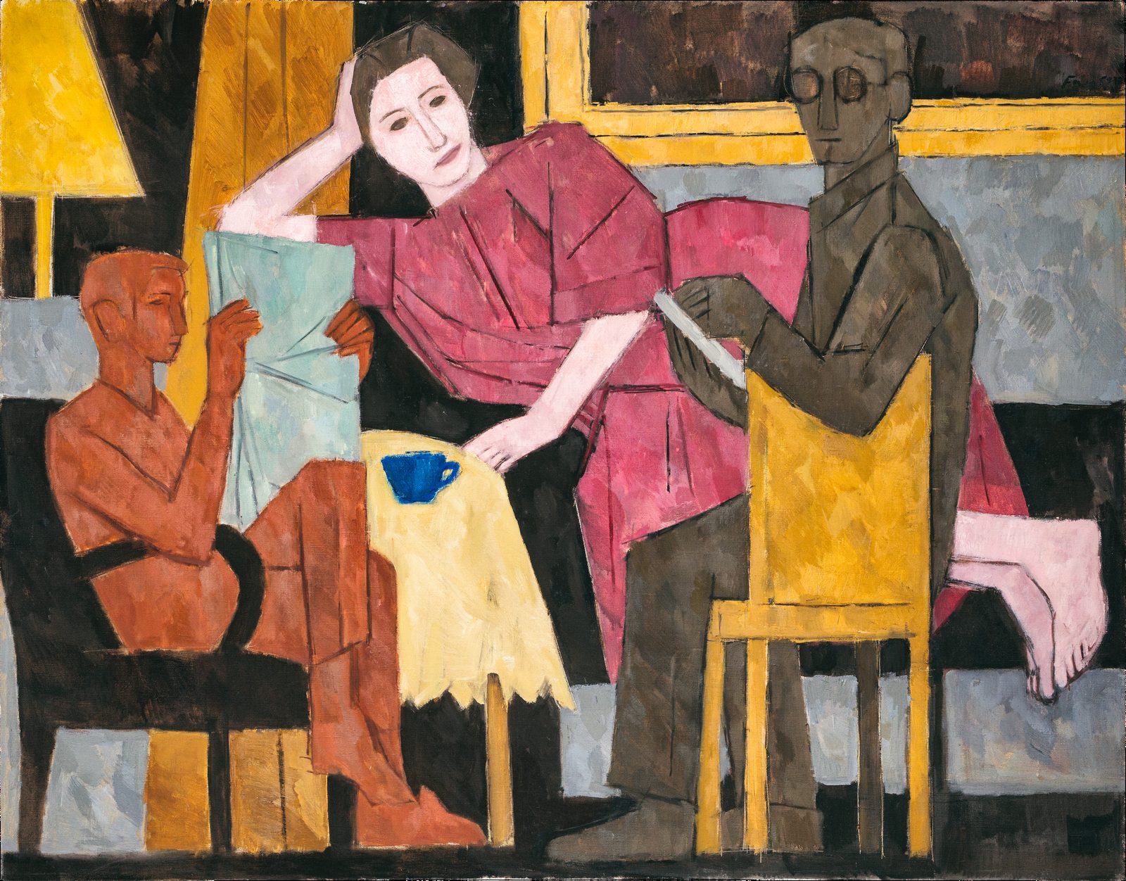 Arthur Fauser, Familienbild, 1959. Ölgemälde mit drei Figuren, Vater, Mutter und Sohn, in einem Innenraum.
